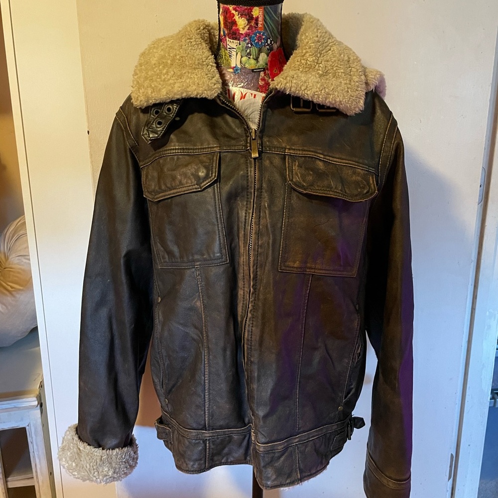Distressed Brown Leather 90’s Aviator Bomber Hooded Lined Coat